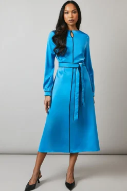 Blue Piping Detail Keyhole Midi Dress