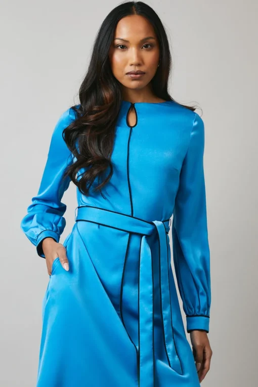 Blue Piping Detail Keyhole Midi Dress