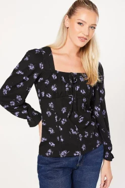Blue Spaced Floral Tie Front Long Sleeve Top