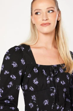 Blue Spaced Floral Tie Front Long Sleeve Top