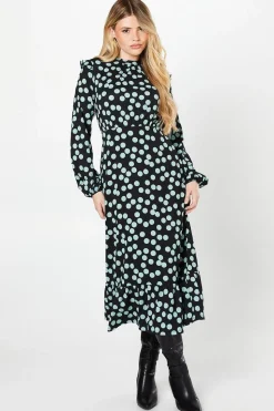 Blue Spot Ruffle Hem Long Sleeve Midi Dress