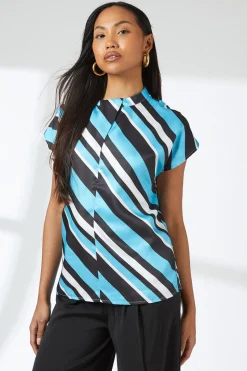 Blue Stripe Print Drape Knot Front Shell Top