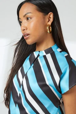 Blue Stripe Print Drape Knot Front Shell Top