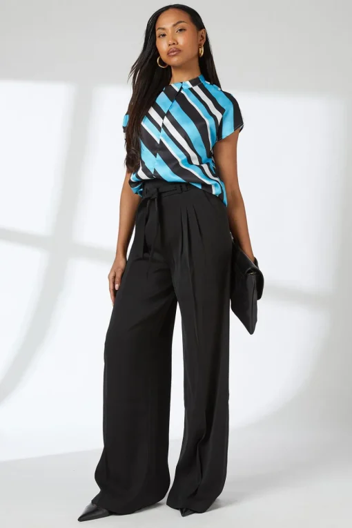 Blue Stripe Print Drape Knot Front Shell Top