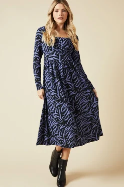 Blue Zebra Seam Detail Long Sleeve Midi Dress
