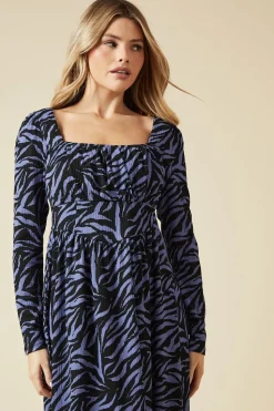 Blue Zebra Seam Detail Long Sleeve Midi Dress