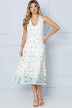 Blush Floral Halter Scuba Trim Insert Midi Dress