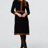 Border Print Pleated Knit Knee Length Dress