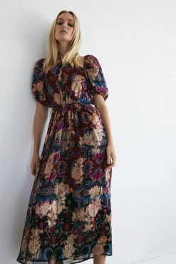 Border Print Twist Neck Halter Midi Dress