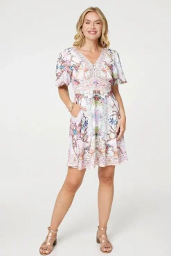 Border Print V-Neck Empire Mini Dress