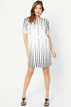 Border Spot Print Puff Sleeve Shift Dress