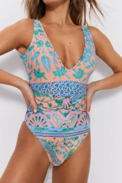 Border Tile Print Belted Plunge Swimsuit