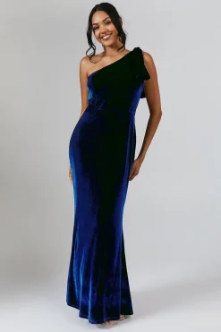 Bow One Shoulder Velvet Bridesmaid Maxi Dress