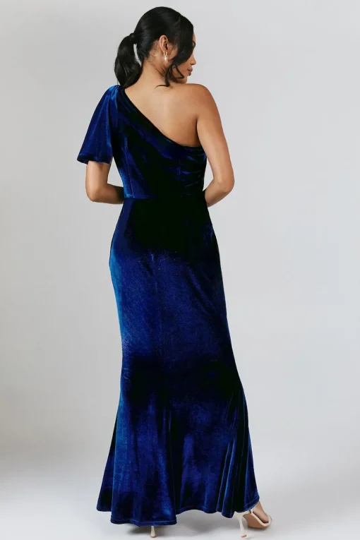 Bow One Shoulder Velvet Bridesmaid Maxi Dress