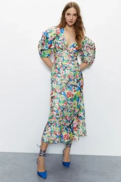 Bright Floral Print Puff Sleeve V Neck Dress