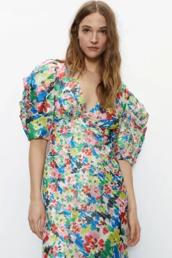 Bright Floral Print Puff Sleeve V Neck Dress
