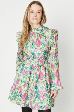 Bright Floral Ruffle Shirred Neck Mini Dress