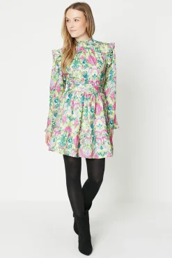 Bright Floral Ruffle Shirred Neck Mini Dress