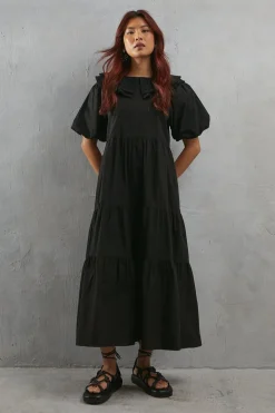 Broderie Oversized Collar Poplin Midi Dress