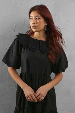 Broderie Oversized Collar Poplin Midi Dress