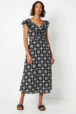 Broderie Ruffle Front Sleeveless Midi Dress