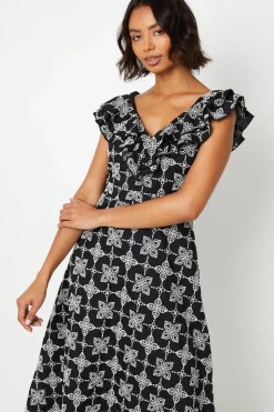 Broderie Ruffle Front Sleeveless Midi Dress