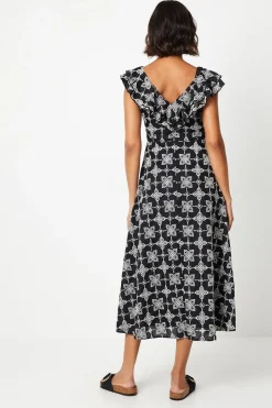 Broderie Ruffle Front Sleeveless Midi Dress
