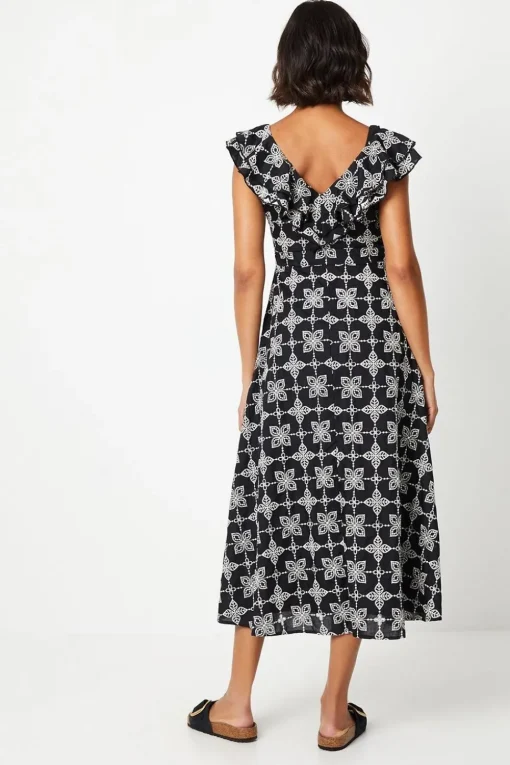Broderie Ruffle Front Sleeveless Midi Dress