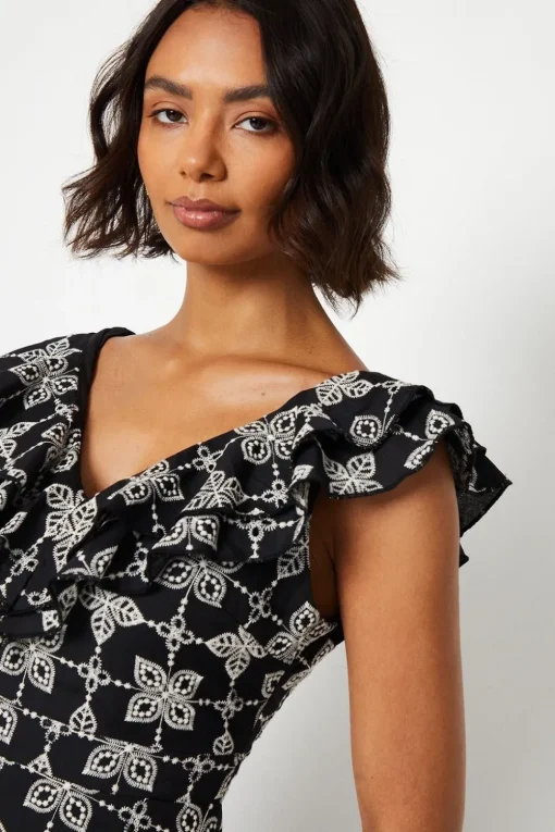 Broderie Ruffle Front Sleeveless Midi Dress
