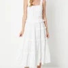 Broderie Shirred Strap Ruffle Detail Midi Dress
