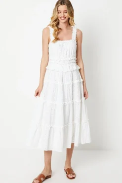 Broderie Shirred Strap Ruffle Detail Midi Dress
