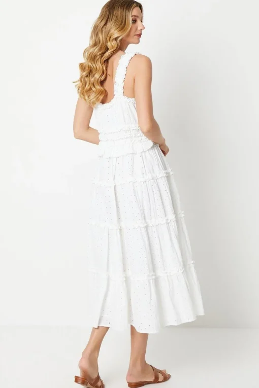 Broderie Shirred Strap Ruffle Detail Midi Dress