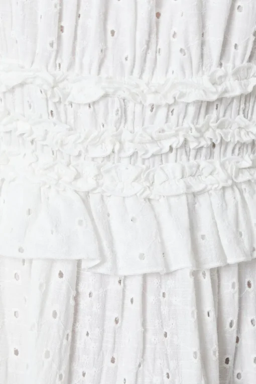 Broderie Shirred Strap Ruffle Detail Midi Dress
