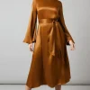 Brown Bias Cut Satin Midi Dress