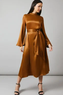 Brown Bias Cut Satin Midi Dress