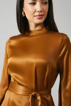 Brown Bias Cut Satin Midi Dress