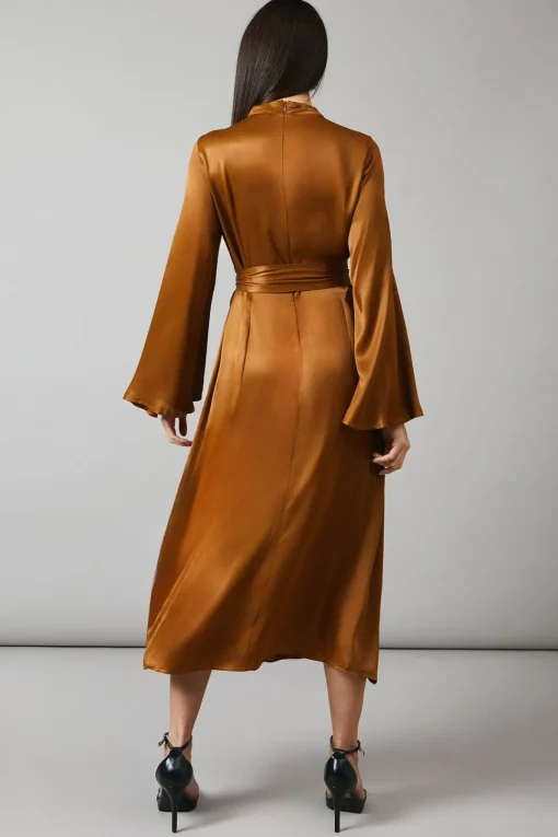 Brown Bias Cut Satin Midi Dress
