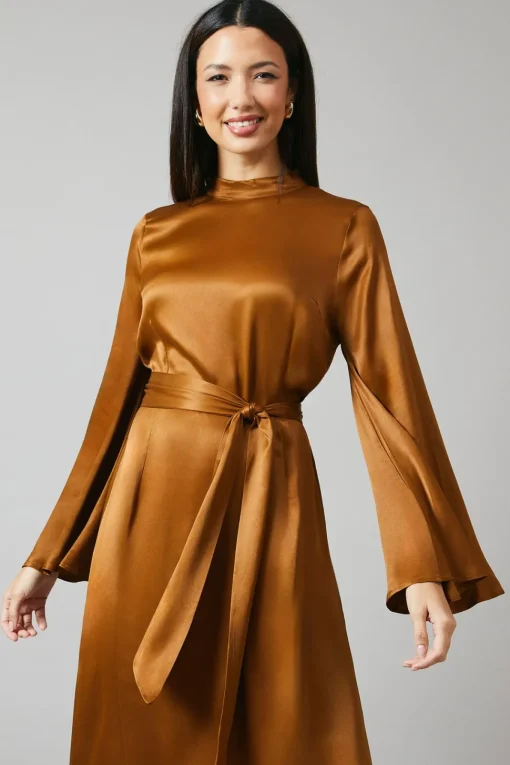 Brown Bias Cut Satin Midi Dress
