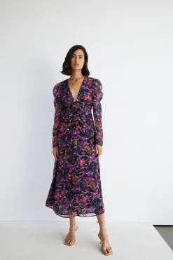Brush Print Ruched Front V Neck Midi Dress