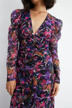 Brush Print Ruched Front V Neck Midi Dress