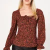 Burgundy Ditsy Tie Front Long Sleeve Top