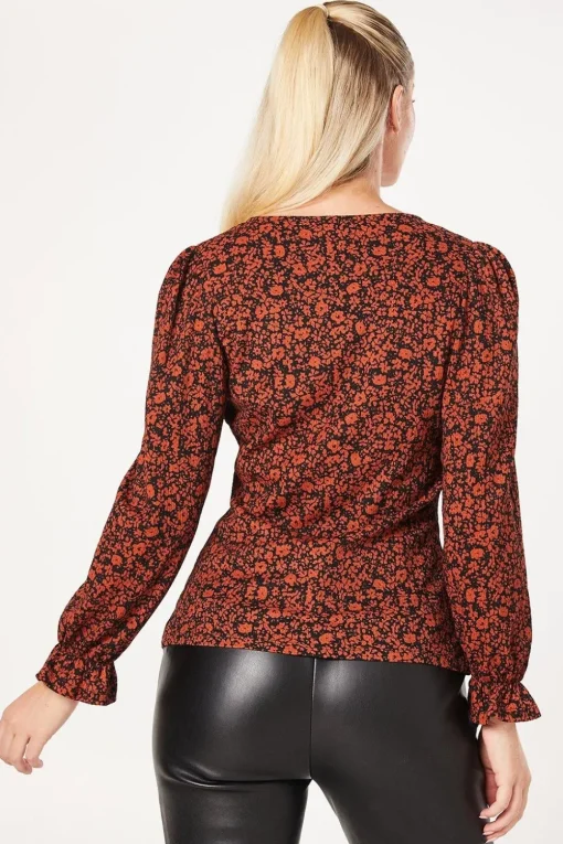 Burgundy Ditsy Tie Front Long Sleeve Top
