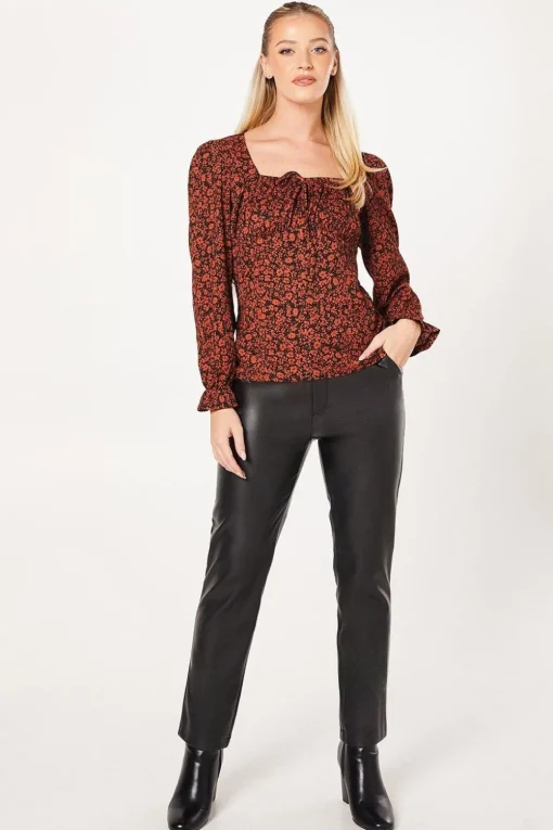 Burgundy Ditsy Tie Front Long Sleeve Top