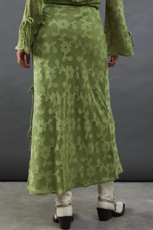 Burnout Chiffon Bias Tie Side Midi Skirt