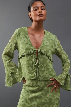 Burnout Chiffon Ruffle Tie Front Blouse Co-ord