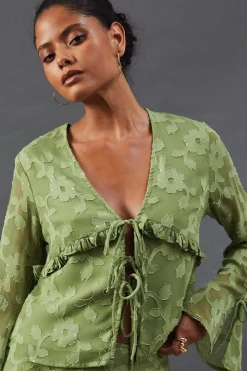 Burnout Chiffon Ruffle Tie Front Blouse Co-ord