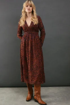 Burnout Leopard Velvet Plunge Neck Waisted Midi Dress