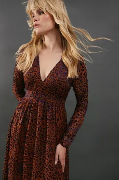Burnout Leopard Velvet Plunge Neck Waisted Midi Dress