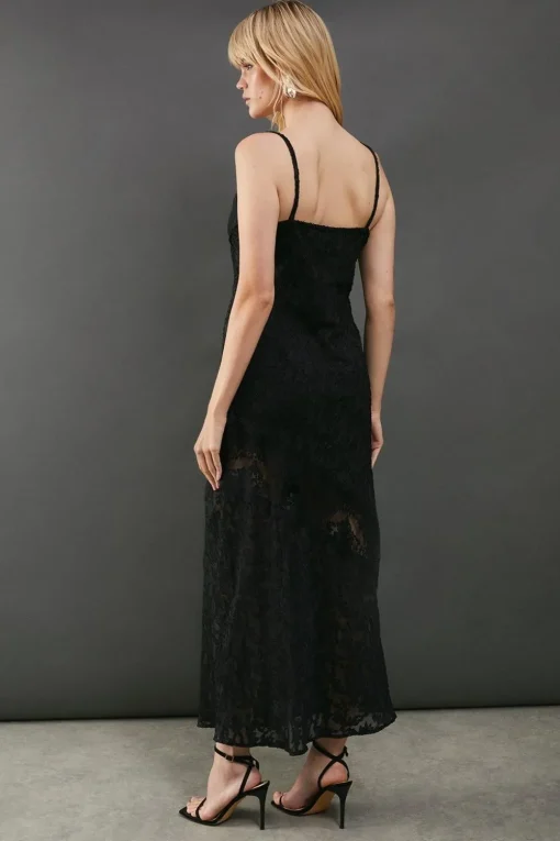 Burnout Strappy Lace Insert Cami Slip Midi Dress