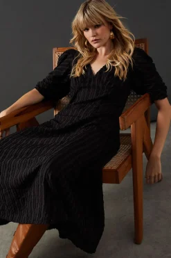 Burnout Stripe Plunge Neck Volume Sleeve Midi Dress